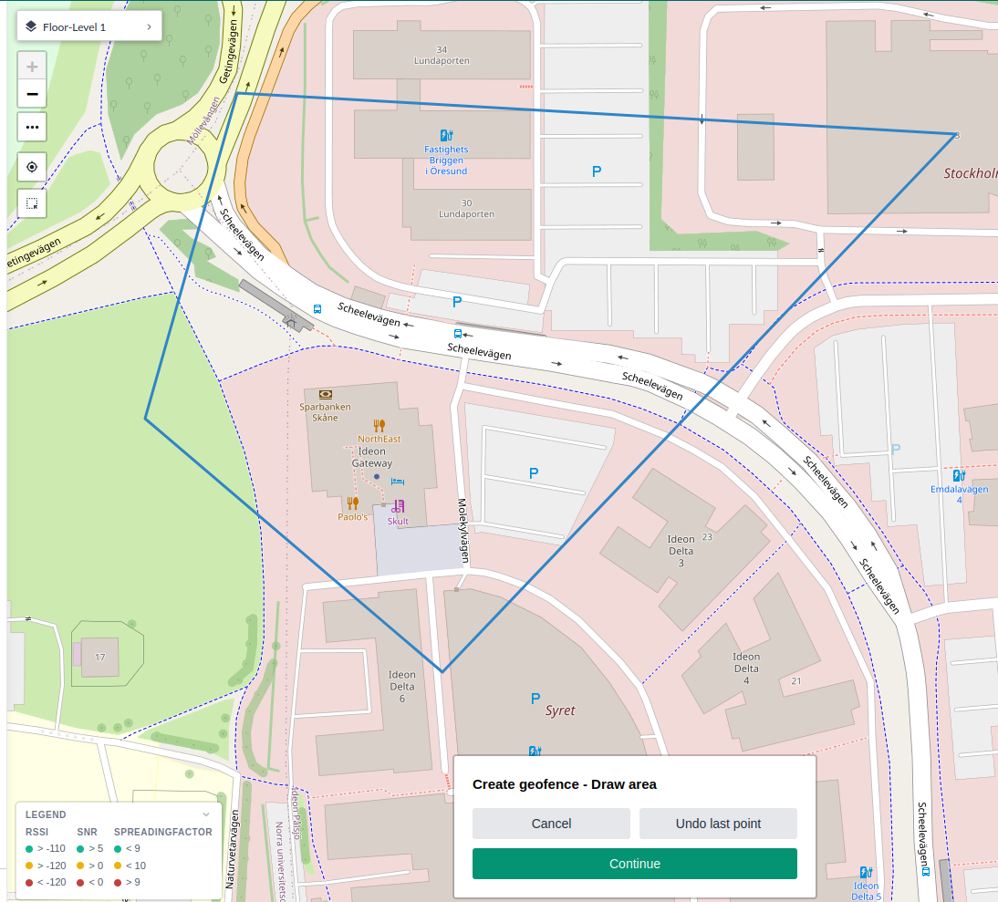 Drawing a geofence boundary on the map, with the Create geofence - Draw area panel offering Cancel, Undo last point and Continue