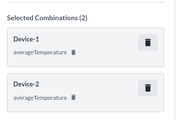 The Selected combinations section, listing each device-field pair with a delete button