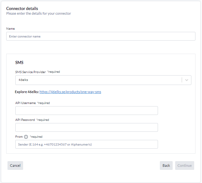 Connector details form with the service provider list, its credential fields and the required From sender