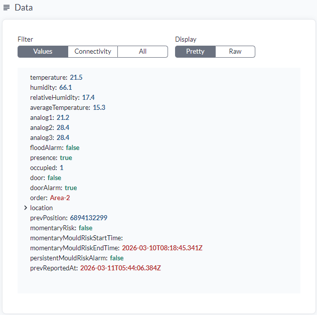 The Data section, filtered to Values in Pretty display, listing decoded fields with their values colour-coded by data type