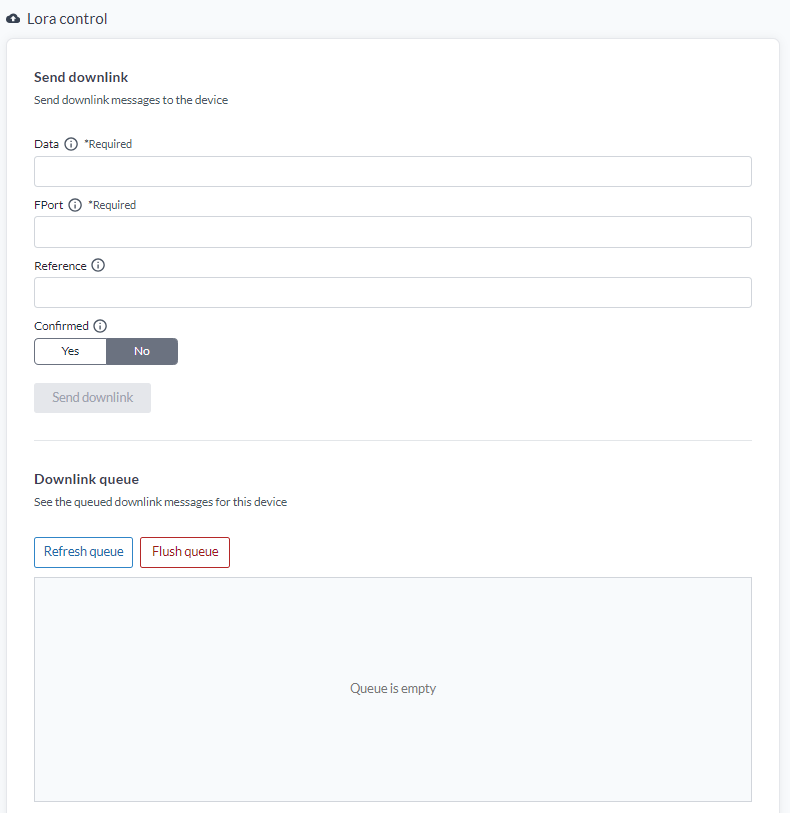 The LoRaWAN control section, with the Send downlink form for data, FPort, reference and confirmed, and the downlink queue below with Refresh queue and Flush queue buttons
