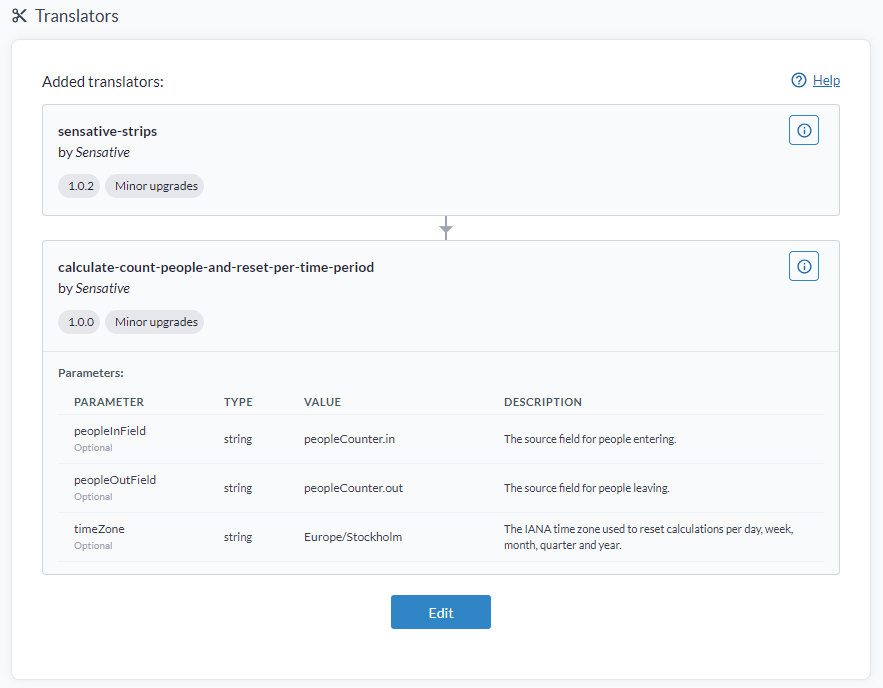 The Translators section, showing two translators chained with an arrow between them, each with its version and upgrade policy, the second with its parameter values, and an Edit button