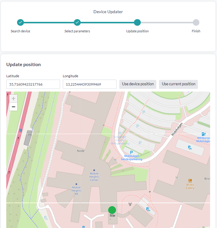 The Update position step, with the latitude and longitude fields, the Use device position and Use current position buttons, and the device shown on a map