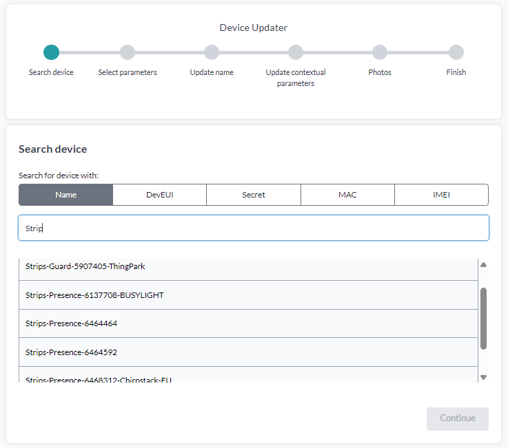 The Device Updater search step, with the search field and the matching devices listed below