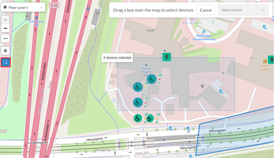 The map in multi-select mode, with the selection bar and its available actions