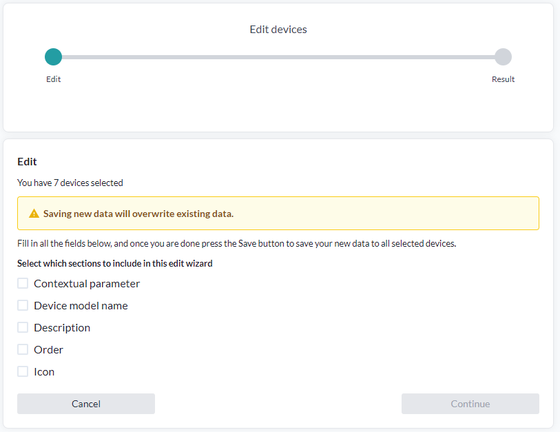 The Edit devices wizard, showing the Edit and Result steps, the count of selected devices, the warning that saving overwrites existing data, and the checkboxes for contextual parameter, device model name, description, order and icon