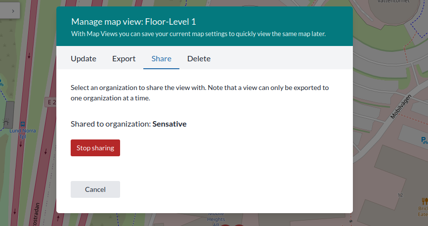 The Share view tab, where a view is shared with one organization