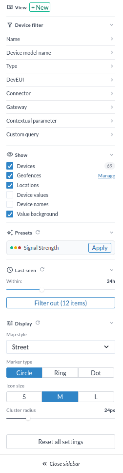 The map sidebar, with the View, Device filters, Show, Presets, Last seen and Display sections