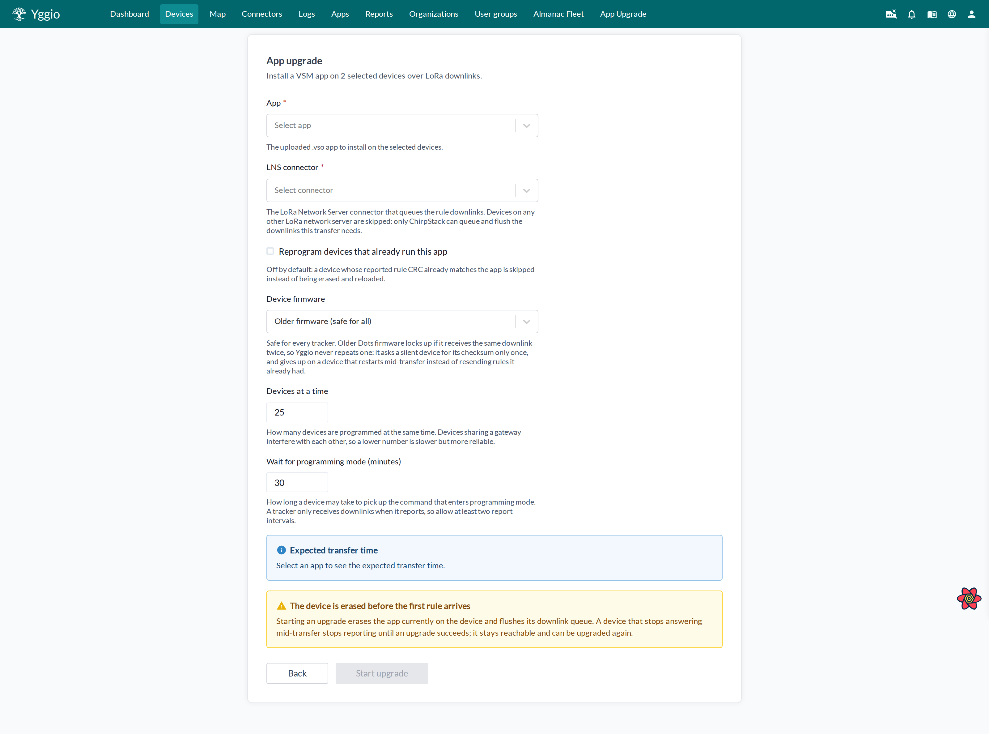Das Fenster zum Starten eines App-Upgrades für mehrere ausgewählte Geräte, mit App, LNS connector und den weiteren Einstellungen