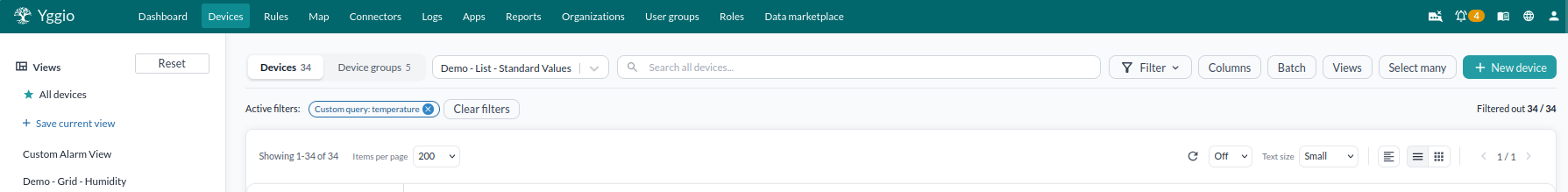 Die Werkzeugleiste der Geräteliste: die Tabs Devices und Device groups, die Ansichtsauswahl, das Suchfeld und die Schaltflächen Filter, Columns, Batch, Views, Select many und New device, mit dem aktiven Filter als Tag darunter