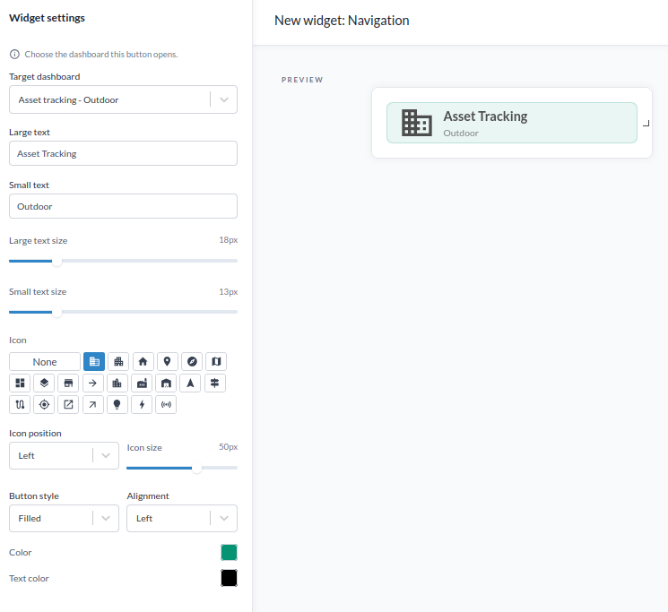 Die Einstellungen des Navigation-Widgets mit Ziel-Dashboard, den zwei Textzeilen, Symbol, Schaltflächenstil und Farben