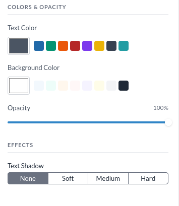 Der Abschnitt Colors and opacity und der Abschnitt Effects mit den Textschatten-Optionen