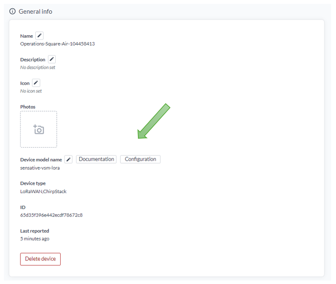 Die Ansicht General info eines Square-Air-Geräts, mit den Schaltflächen Documentation und Configuration neben dem Gerätemodellnamen sensative-vsm-lora