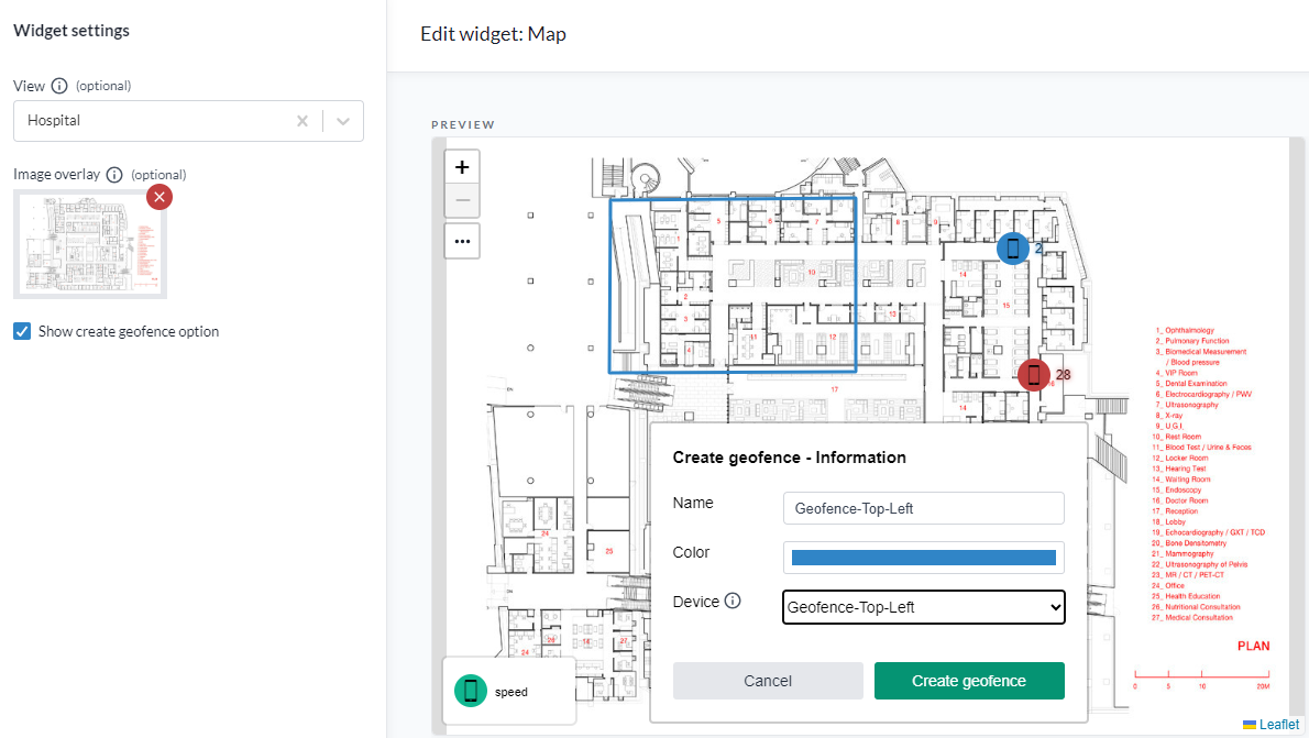 Das Map-Widget mit einem Grundriss als geotaggtes Overlay-Bild und einer darauf gezeichneten Geofence