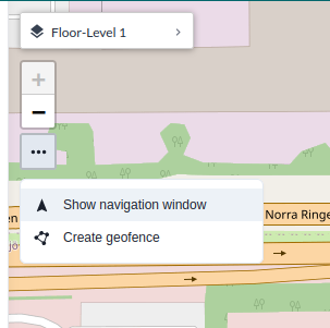 Kartans trepunktsknapp öppnad, som visar Show navigation window och Create geofence