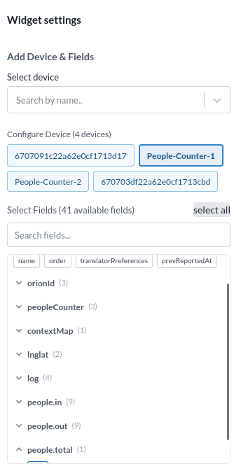Inmatningarna Select device och Select fields i inställningarna för Data Table