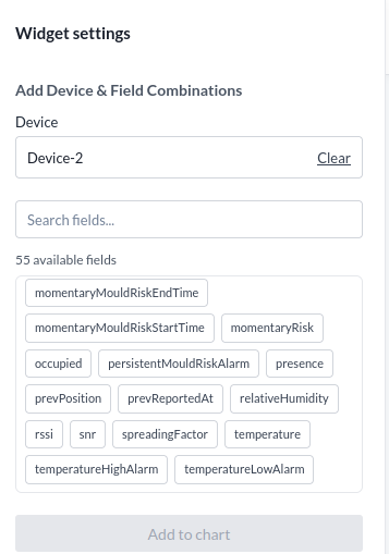 Inställningarna för Multi-Device Chart, med väljarna för enhet och fält samt knappen Add to chart