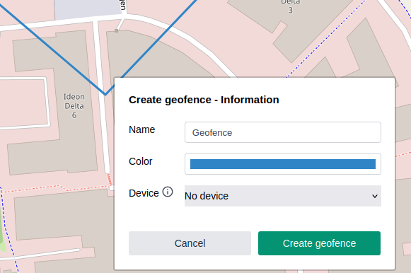 Dialogen Create geofence - Information, med namn, färg och de valfria enhetsfälten