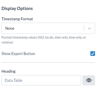Sektionen Display options, med tidsstämpelformat, växeln för exportknappen och rubriken