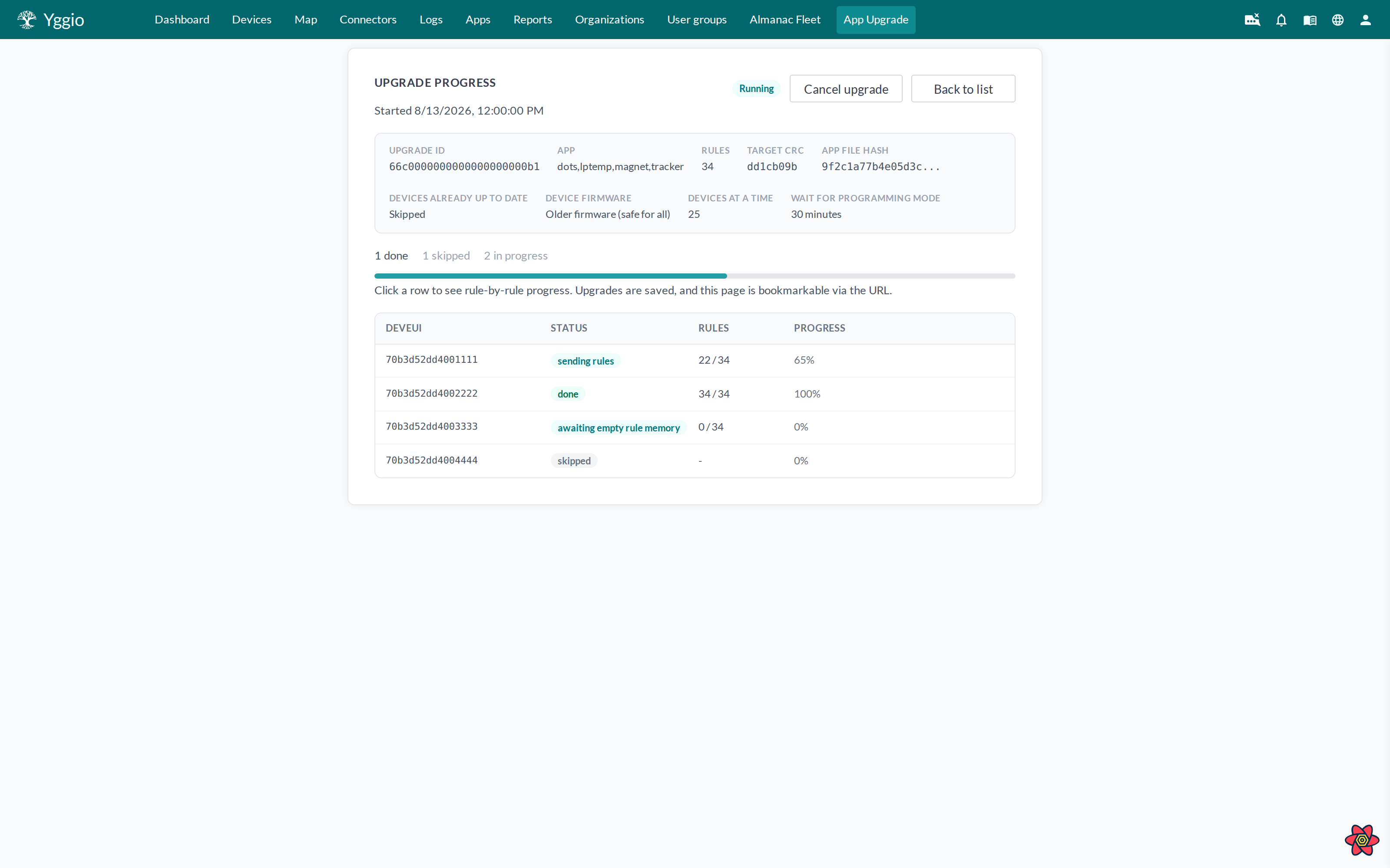 Detaljvyn för en uppgradering, med app, målkontrollsumma, inställningar och enheterna med status och regelantal