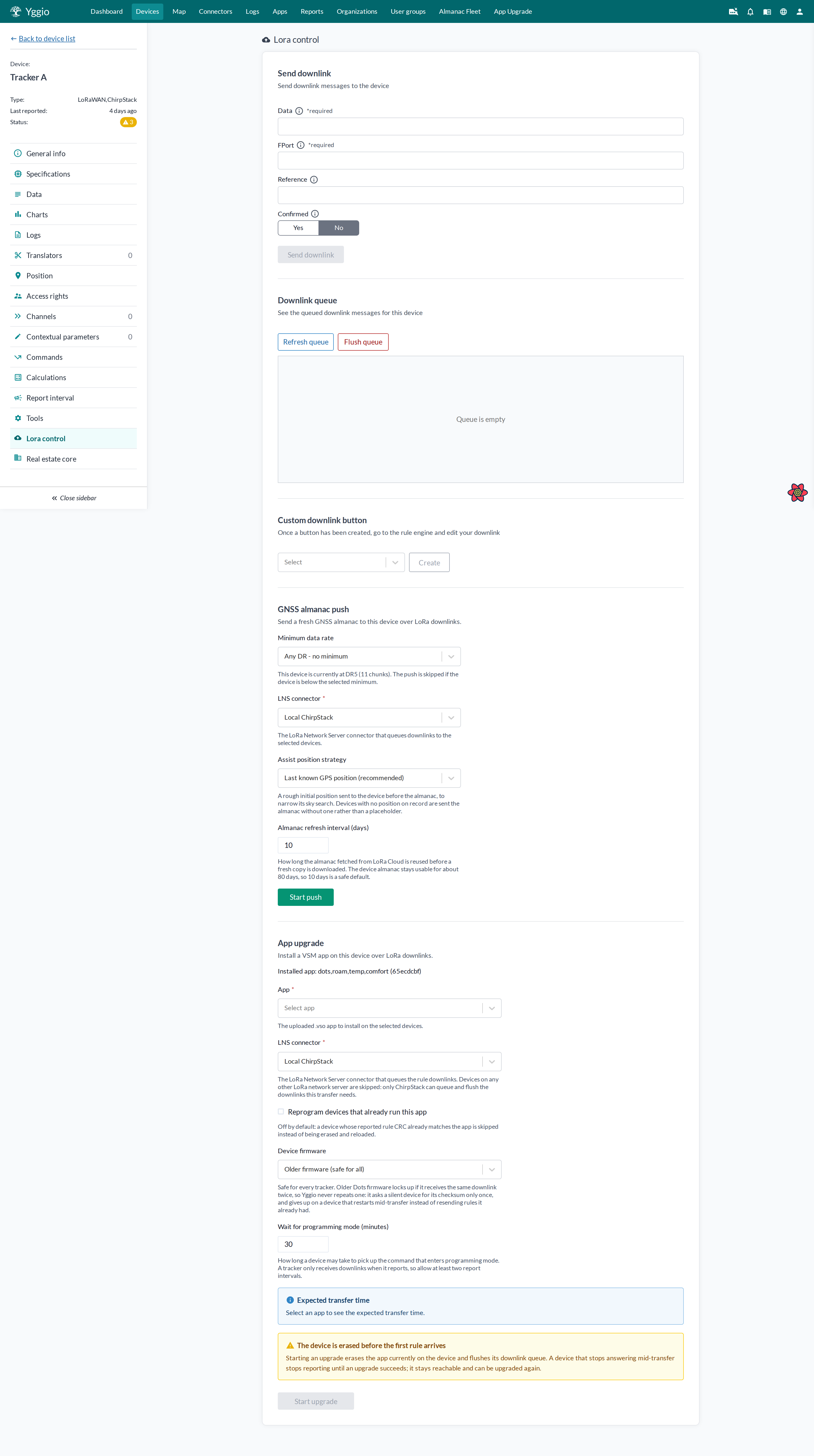 Avsnittet App upgrade under en enhets LoRa control, som visar appen den just nu rapporterar och den förväntade överföringstiden