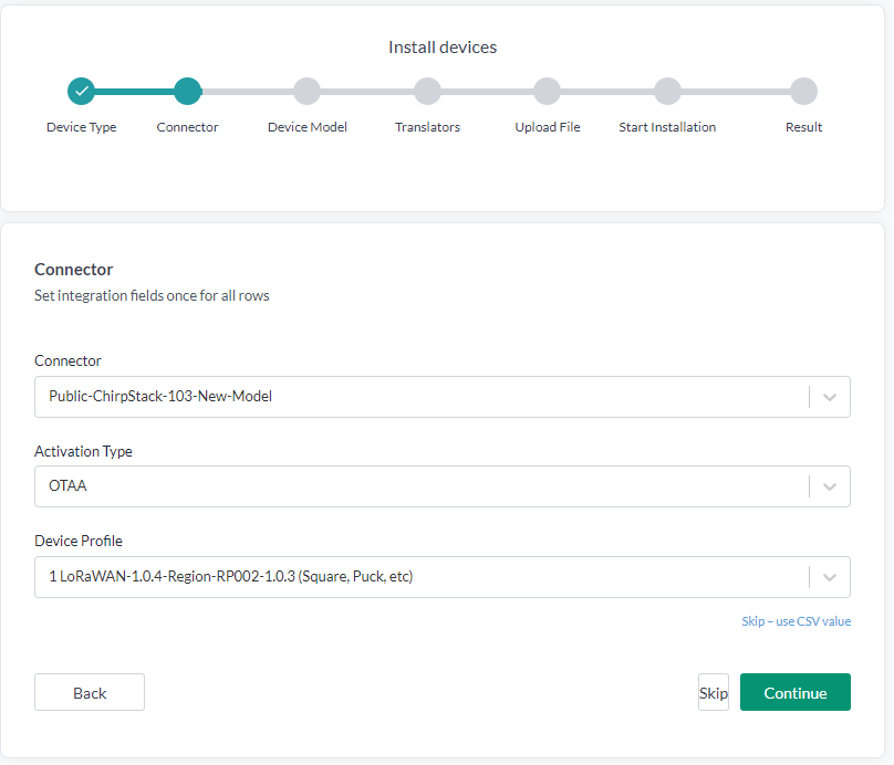Steget Connector, med connector och Device Profile valda för alla rader