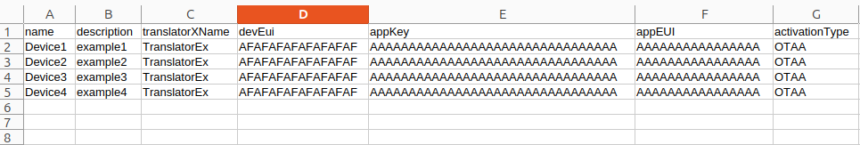 Exempel på CSV-fil för batchinstallation; värdena som visas är platshållare