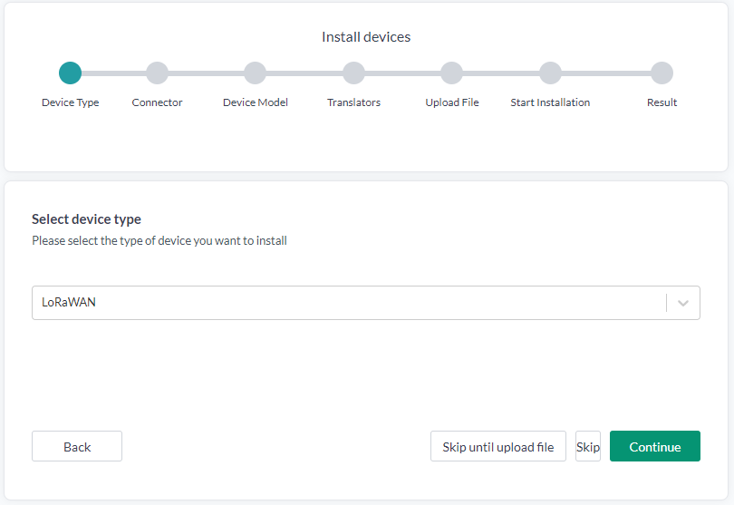 Guiden Install devices, med stegen Device Type, Connector, Device Model, Translators, Upload File, Start Installation och Result i förloppsindikatorn