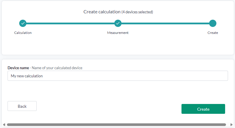 Steget Create, med fältet Device name ifyllt med "My new calculation" och knappen Create