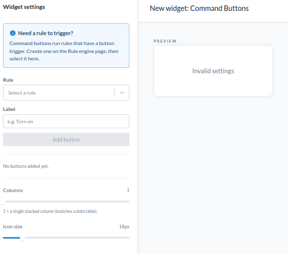 Inställningarna för Command Buttons, med väljarna för regel och trigger, knappetiketten och listan över tillagda knappar
