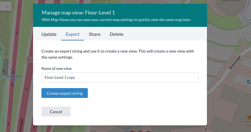 Fliken Export view, med knappen Create export string