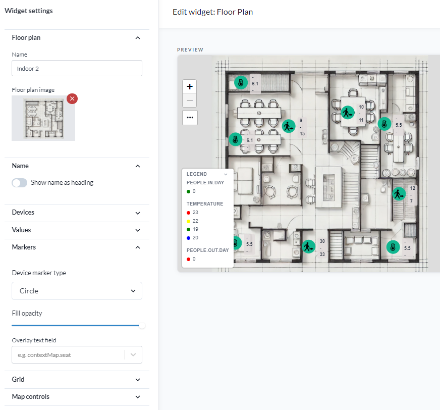 En Floor Plan-widget, med enhetsmarkörer och deras värden placerade på en byggnadsritning