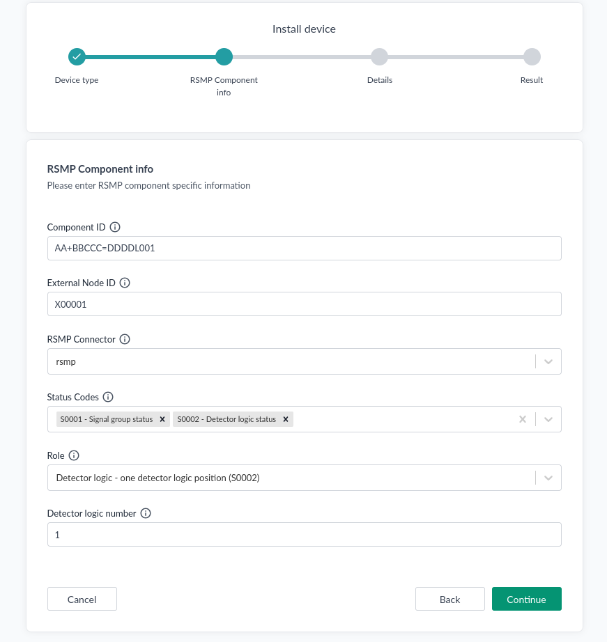 Steget RSMP Component info i Installera enhet, med komponent-id, externt nod-id, connector, statuskoder, roll och detektorlogiknummer