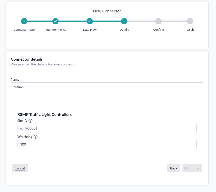 Uppgifter för RSMP-connectorn, med fälten Site ID och Watchdog