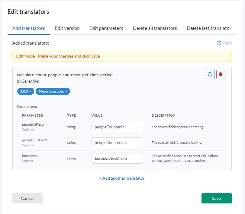 Panelen Edit translators på fliken Add translators, som visar de fem flikarna, en översättare med sin version och uppgraderingspolicy, dess parametertabell, och Overview som listar varje enhets översättare nedanför