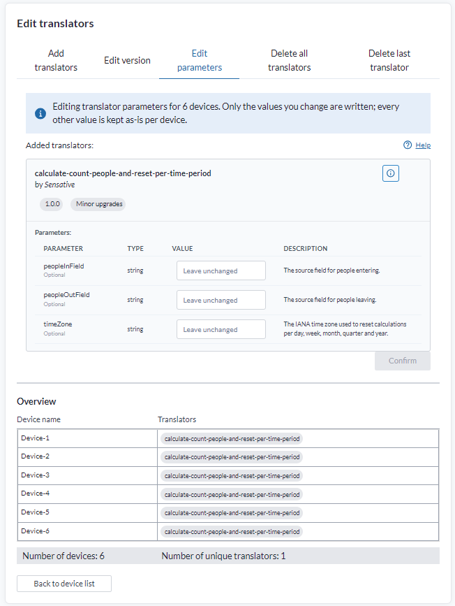 Fliken Edit parameters, som redigerar parametrar för 6 enheter, där varje värdefält visar "Leave unchanged", med bannern som anger att bara ändrade värden skrivs och Overview som visar 6 enheter och 1 unik översättare