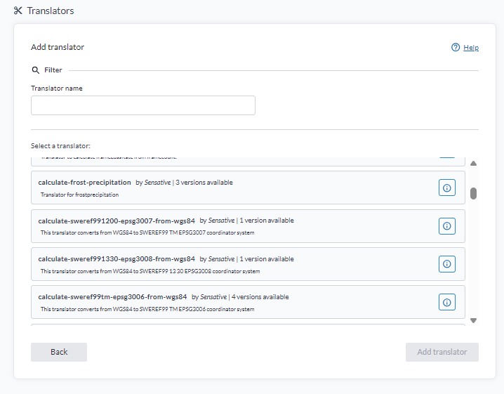 Add translator med filter och infoknapp